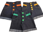 High-Waisted Dark Denim Shorts with Mustard Accents - Bippz Klothing
