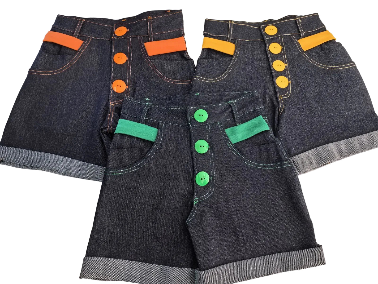 High-Waisted Dark Denim Shorts with Mustard Accents - Bippz Klothing
