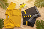 High-Waisted Dark Denim Shorts with Mustard Accents - Bippz Klothing