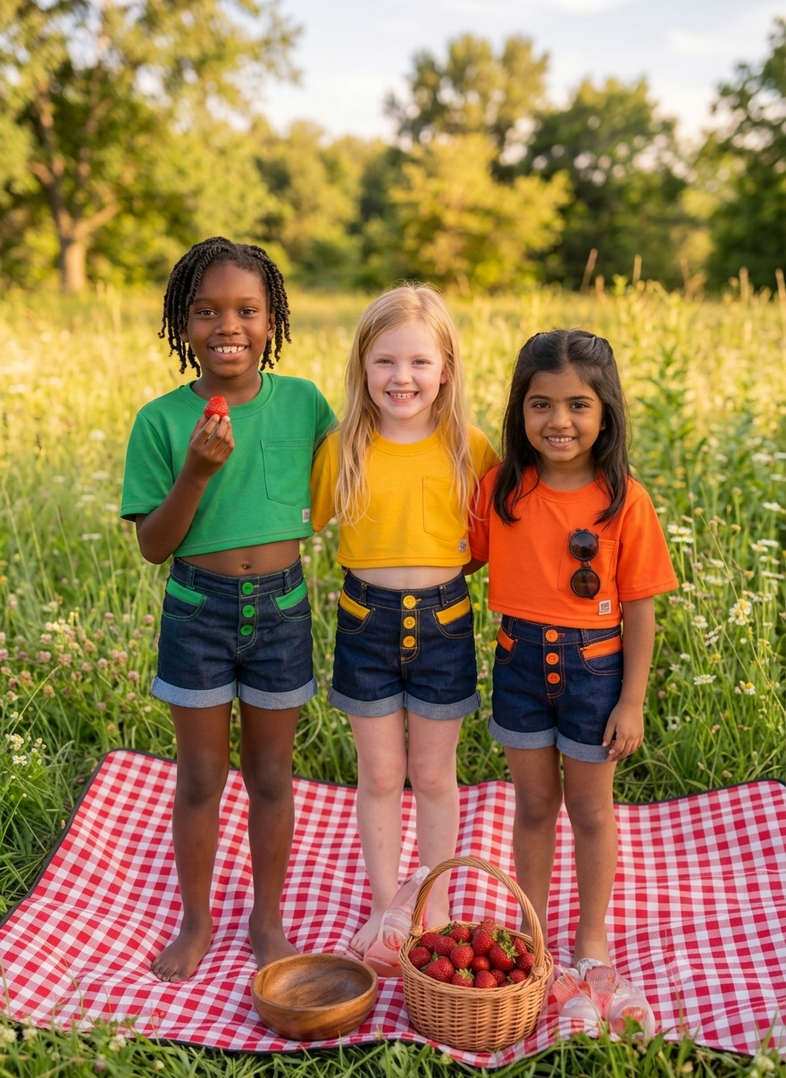 High-Waisted Dark Denim Shorts with Mustard Accents - Bippz Klothing