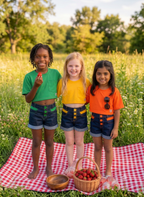 High-Waisted Dark Denim Shorts with Mustard Accents - Bippz Klothing