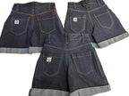 High-Waisted Dark Denim Shorts with Mustard Accents - Bippz Klothing