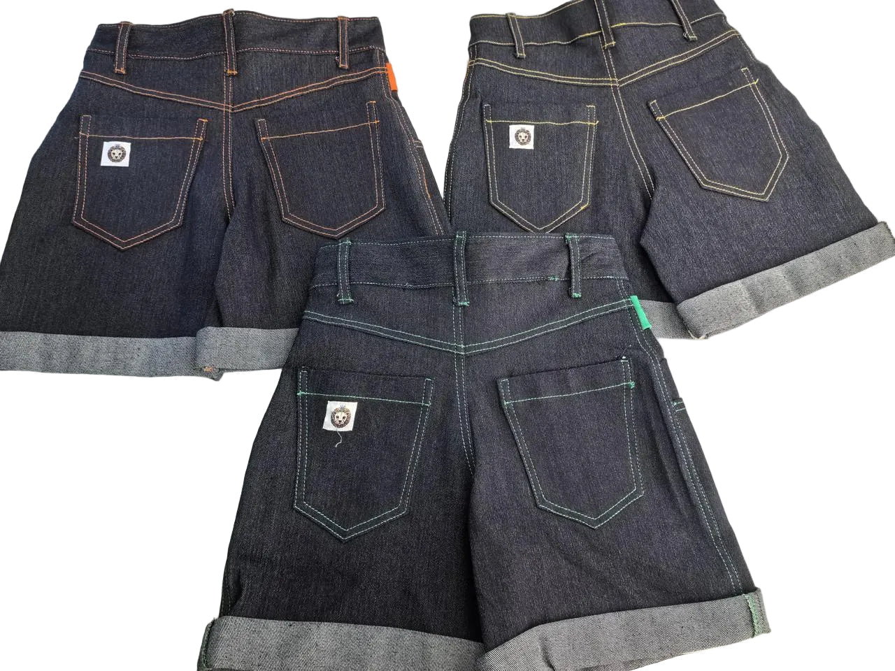 High-Waisted Dark Denim Shorts with Mustard Accents - Bippz Klothing