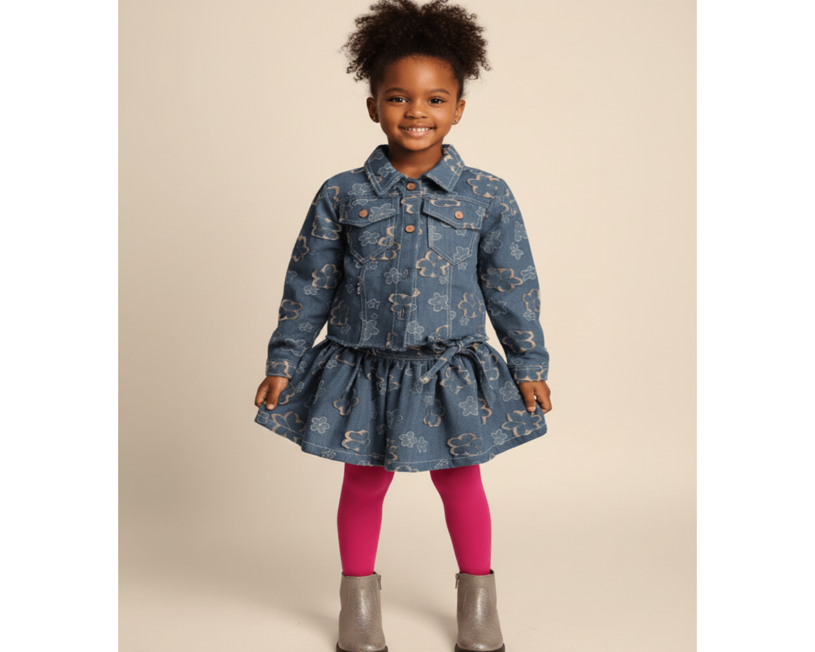 Girls Floral Two-Piece Denim Set
